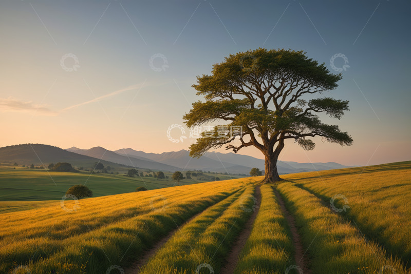 高清大图下载【趣麦麦图】田野中孤树立于夕阳下