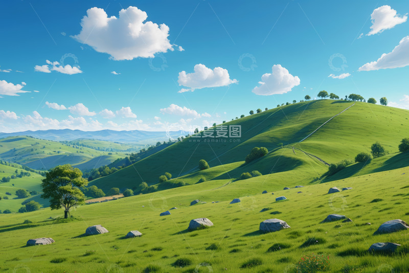 高清大图下载【趣麦麦图】蓝天白云下的绿色山丘风光