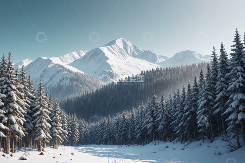 高清大图下载【趣麦麦图】雪山下的雪松林冬日景象