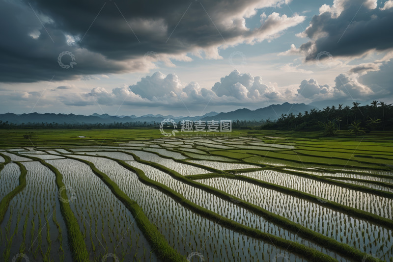 高清大图下载【趣麦麦图】水田风光与远处山峦景色