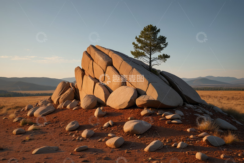 高清大图下载【趣麦麦图】荒野巨石与孤树景观