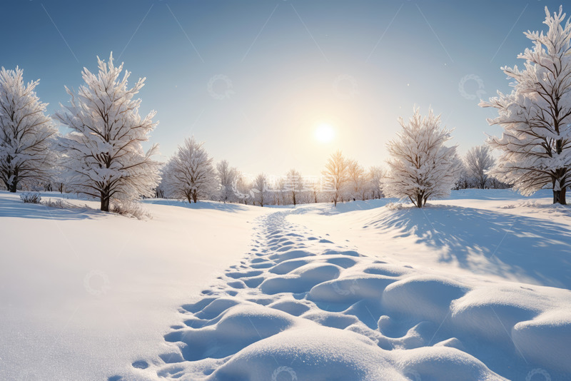 高清大图下载【趣麦麦图】冬日雪地树木与阳光景象