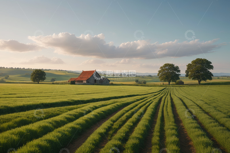 高清大图下载【趣麦麦图】田园风光中的田野与农舍
