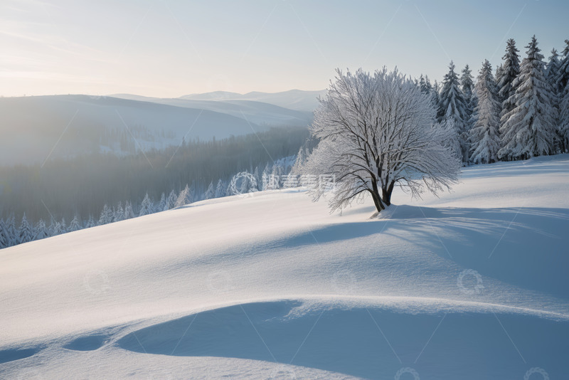高清大图下载【趣麦麦图】雪中山林孤树自然景观