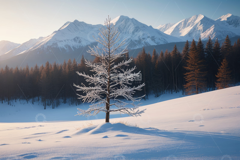 高清大图下载【趣麦麦图】雪中山林孤树冬日景象
