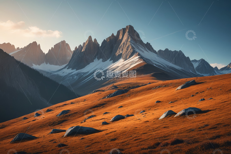 高清大图下载【趣麦麦图】山间橙色草地与雪山景观