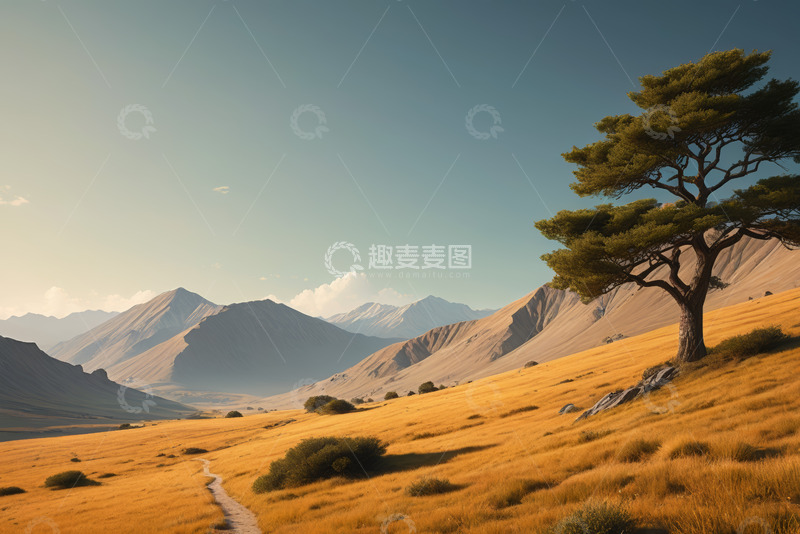 高清大图下载【趣麦麦图】草原上的孤树与远山风景