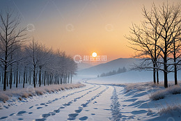 冬日雪路树木与日出美景