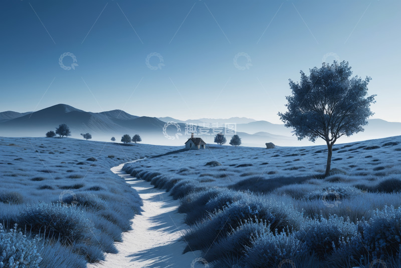 高清大图下载【趣麦麦图】旷野山间小道与小屋风景