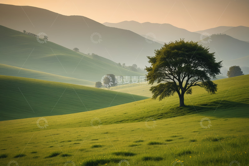 高清大图下载【趣麦麦图】绿色山丘上的孤树风景