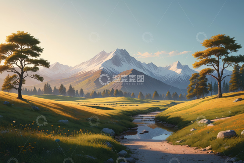 高清大图下载【趣麦麦图】山间草地溪流自然风光