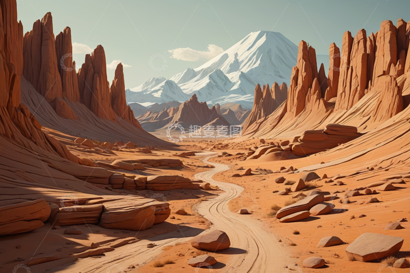 高清大图下载【趣麦麦图】沙漠岩石与雪山远景风光