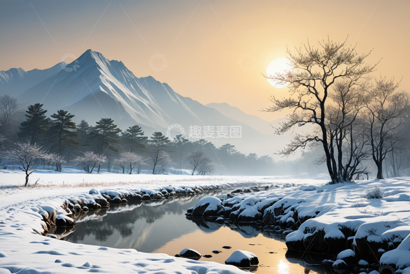 高清大图下载【趣麦麦图】冬日雪山下的河流与树林景观