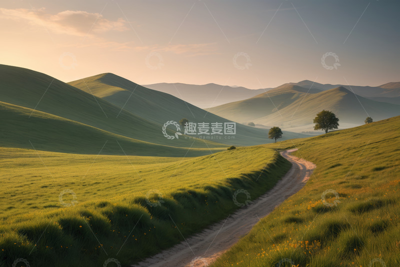 高清大图下载【趣麦麦图】绿色山丘间蜿蜒小路风景