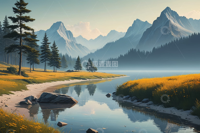 高清大图下载【趣麦麦图】山水间森林旁的自然风景