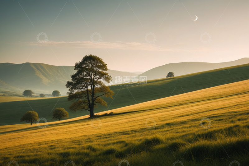 高清大图下载【趣麦麦图】黄昏时分的山丘草地与孤树