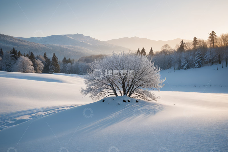 高清大图下载【趣麦麦图】雪地中覆盖霜雪的树木景观