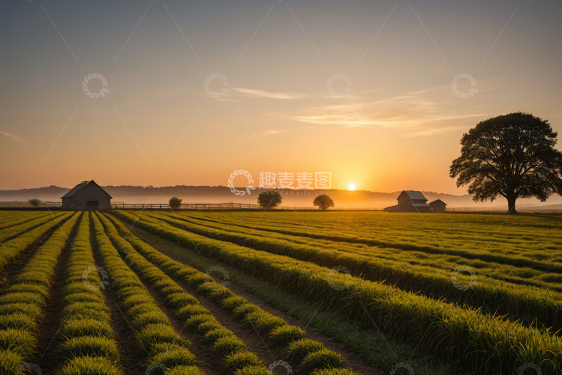 高清大图下载【趣麦麦图】田园日出时的农田与农舍景观