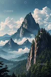 山峰云海间的中式建筑景观
