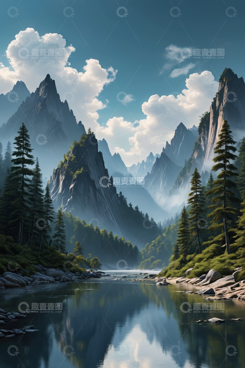 高清大图下载【趣麦麦图】山间河流与茂密森林风景