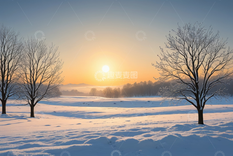 高清大图下载【趣麦麦图】冬日雪景日落时分的田野风光