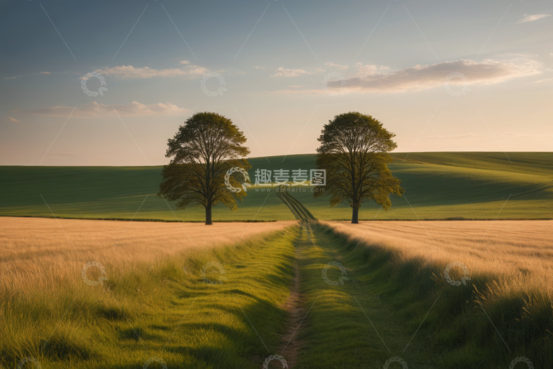 高清大图下载【趣麦麦图】田野间双树与小径风景