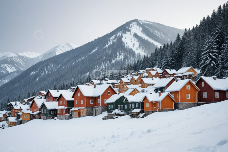 高清大图下载【趣麦麦图】雪中山间彩色木屋村落景观