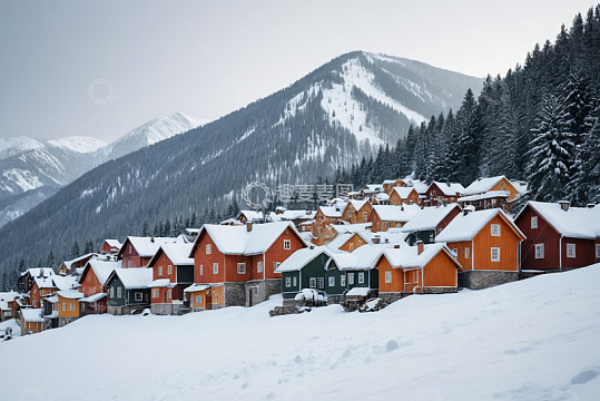 雪中山间彩色木屋村落景观
