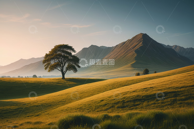 高清大图下载【趣麦麦图】草原山丘旁的孤独树木风景