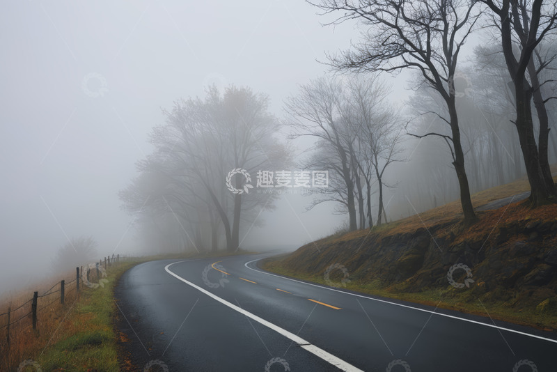 高清大图下载【趣麦麦图】雾中蜿蜒的森林道路