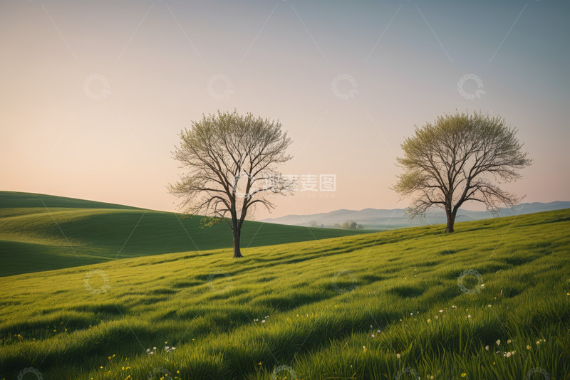 高清大图下载【趣麦麦图】绿色田野上的两棵树木