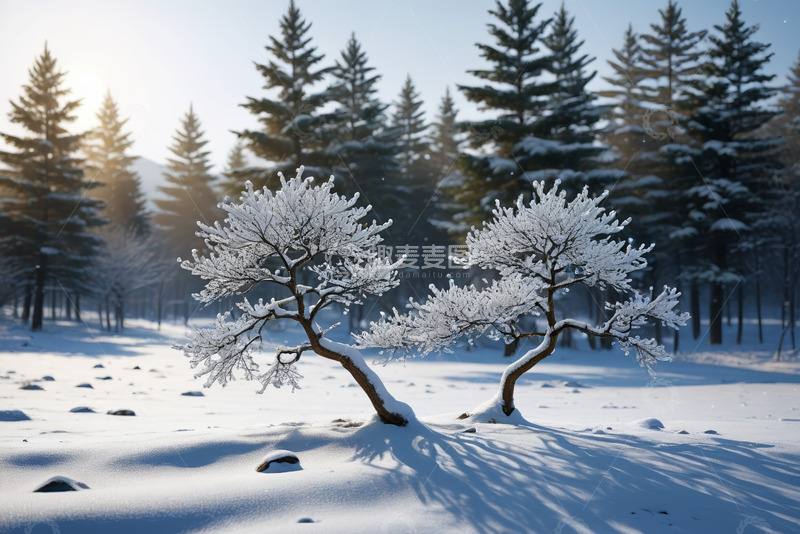 高清大图下载【趣麦麦图】雪地中覆雪树木与森林背景