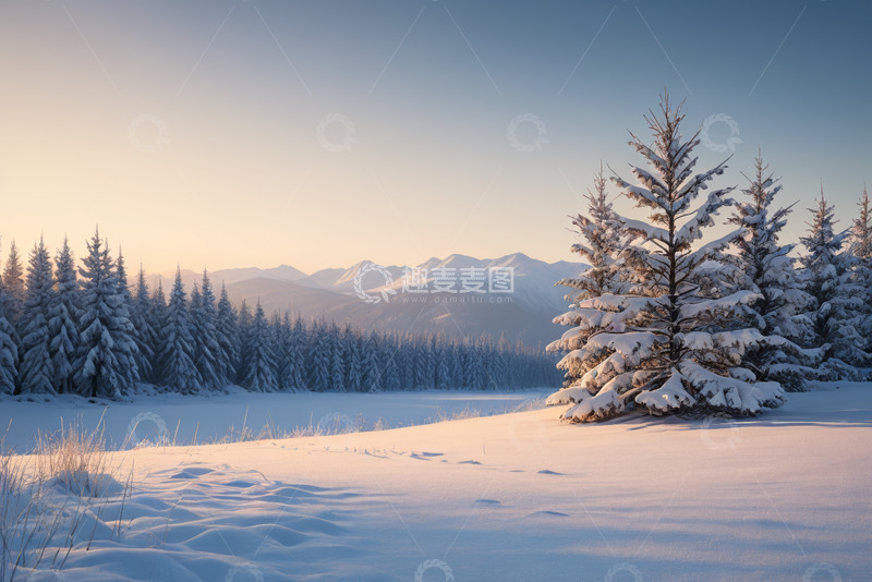 高清大图下载【趣麦麦图】冬日雪覆森林与远山景观