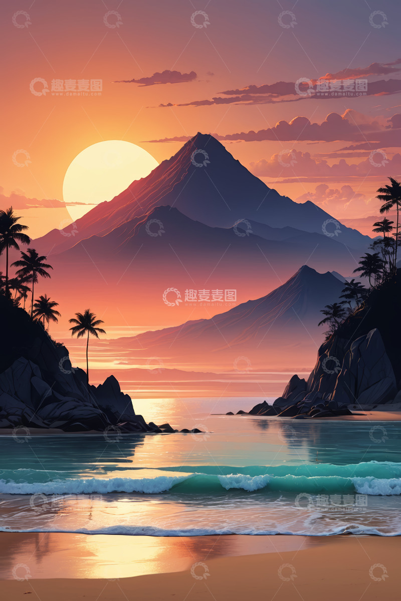 高清大图下载【趣麦麦图】海边日落时分的山景风光