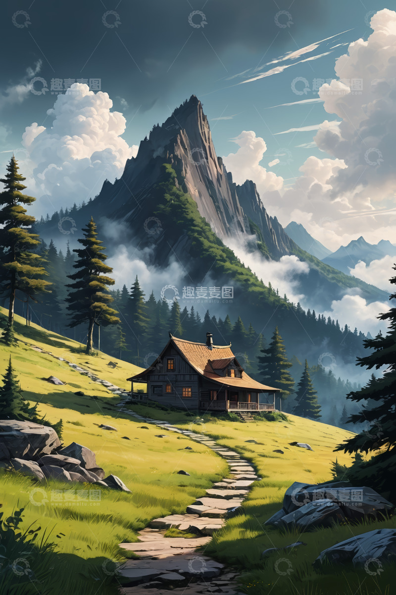 高清大图下载【趣麦麦图】山间小屋与森林风景
