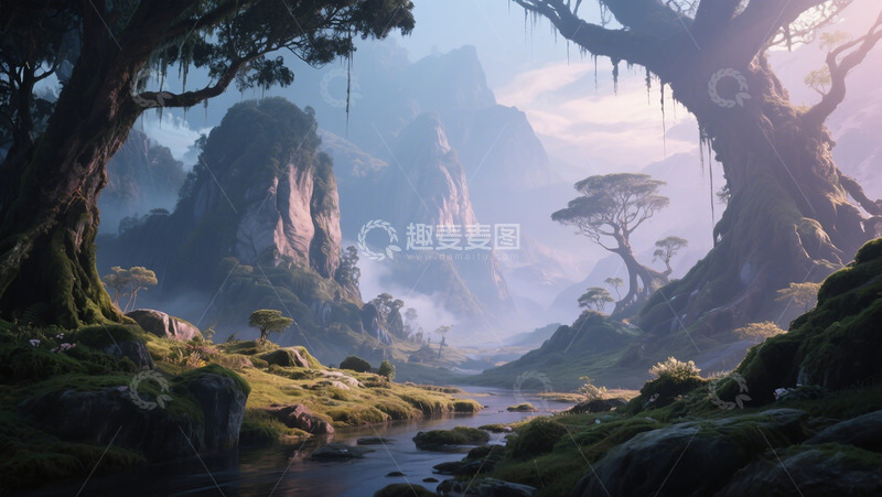 高清大图下载【趣麦麦图】梦幻山谷风景插画