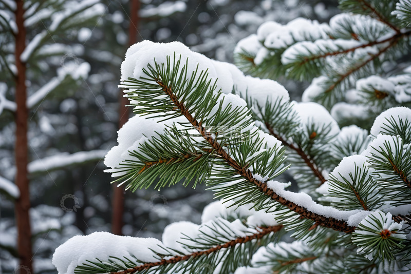 高清大图下载【趣麦麦图】积雪覆盖的松树枝条