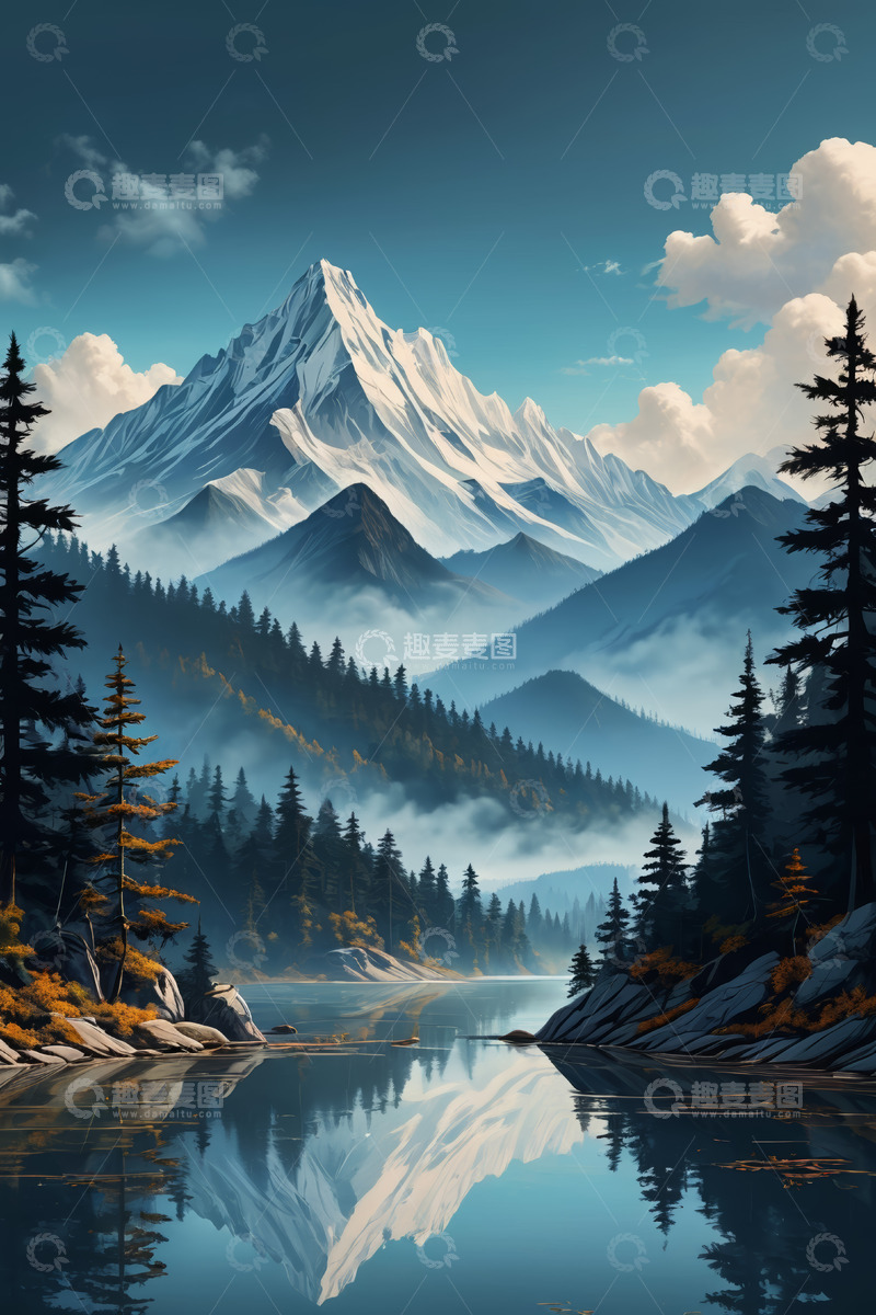 高清大图下载【趣麦麦图】雪山森林湖泊自然风光