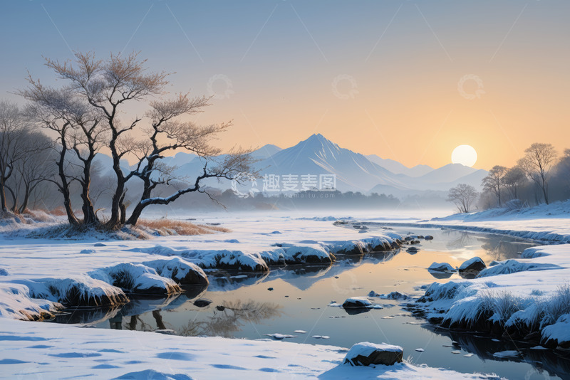 高清大图下载【趣麦麦图】冬日雪景山水日出景观