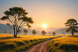 田野间夕阳下的乡间小路