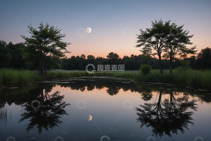 高清大图下载【趣麦麦图】湖泊森林月夜倒影景色