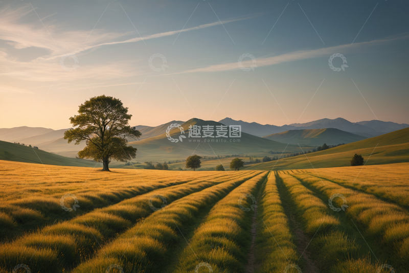 高清大图下载【趣麦麦图】田野山丘间的孤树自然风光