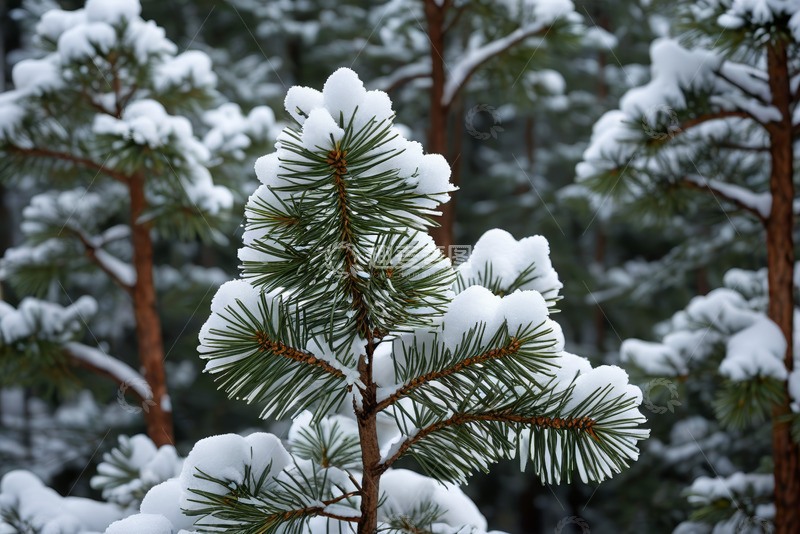 高清大图下载【趣麦麦图】雪覆盖的松树林自然景象