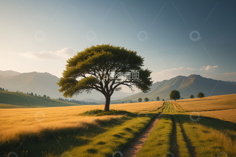 高清大图下载【趣麦麦图】原野中的孤树与乡间小路