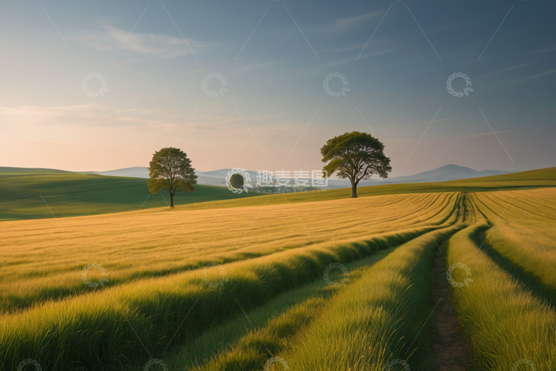 高清大图下载【趣麦麦图】田野风光麦田与树木景色