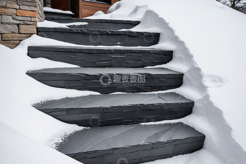 高清大图下载【趣麦麦图】积雪覆盖的户外石质楼梯