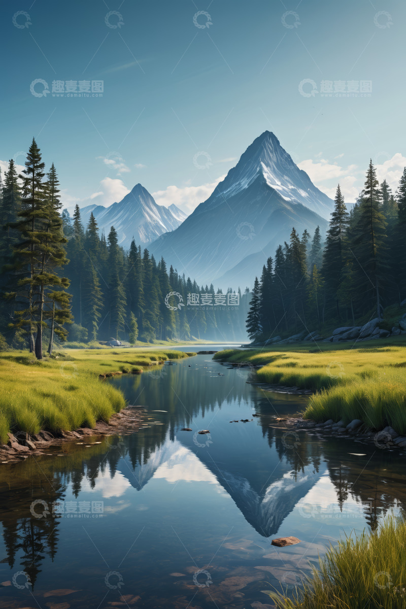 高清大图下载【趣麦麦图】山林间河流与雪山自然风光
