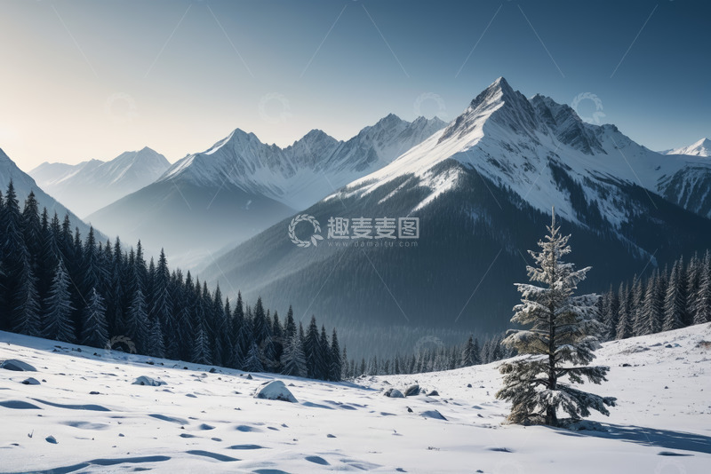 高清大图下载【趣麦麦图】雪山森林雪景全景