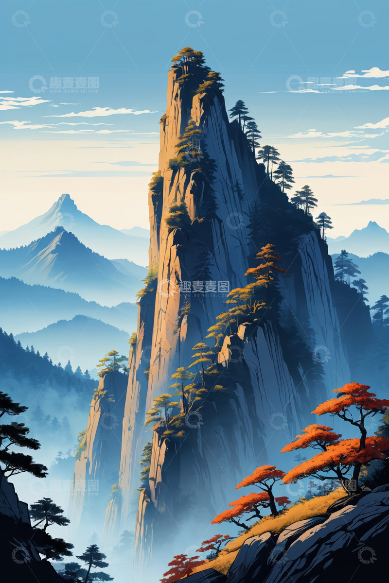 高清大图下载【趣麦麦图】壮丽高山与多彩树木风景
