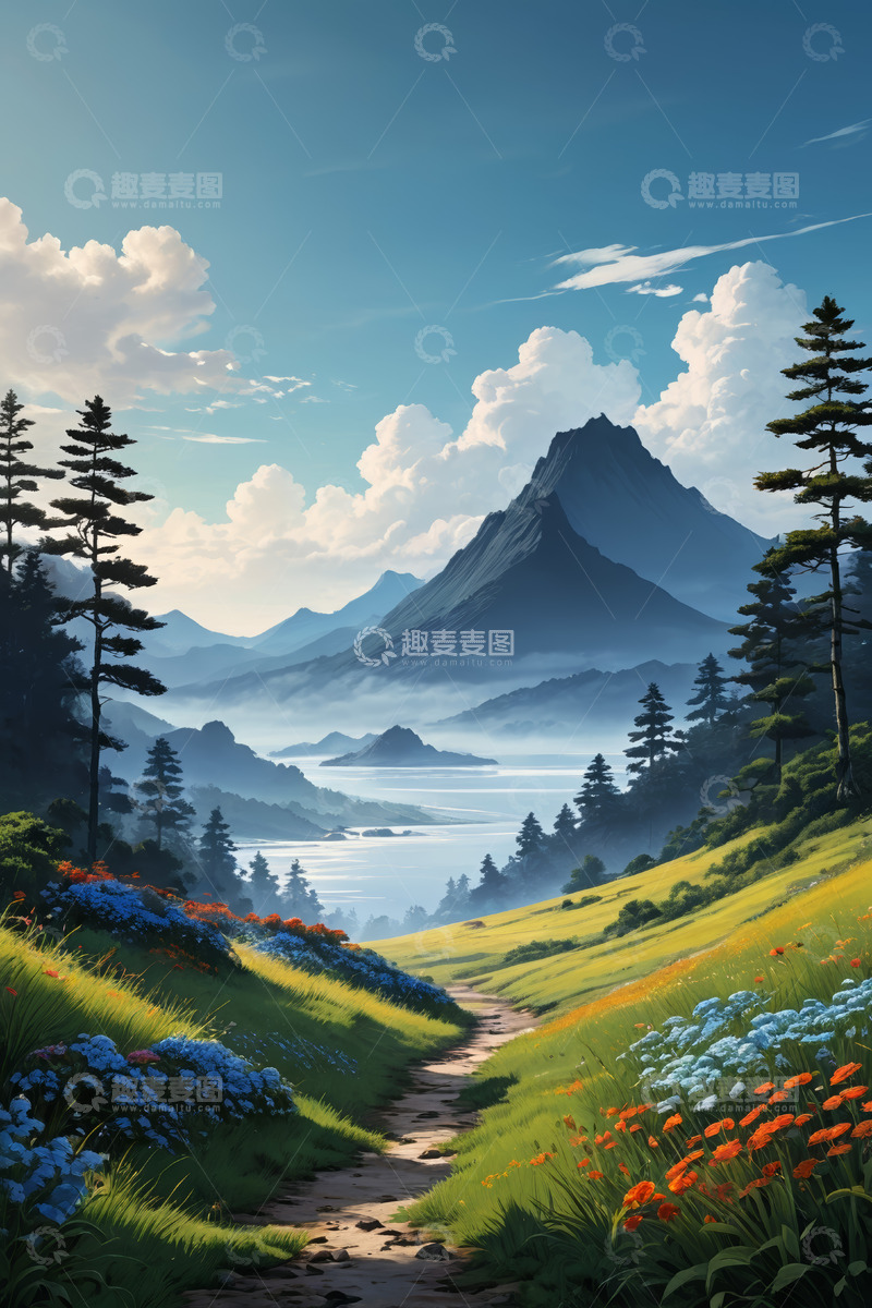 高清大图下载【趣麦麦图】山间草地花丛与远处山脉风景